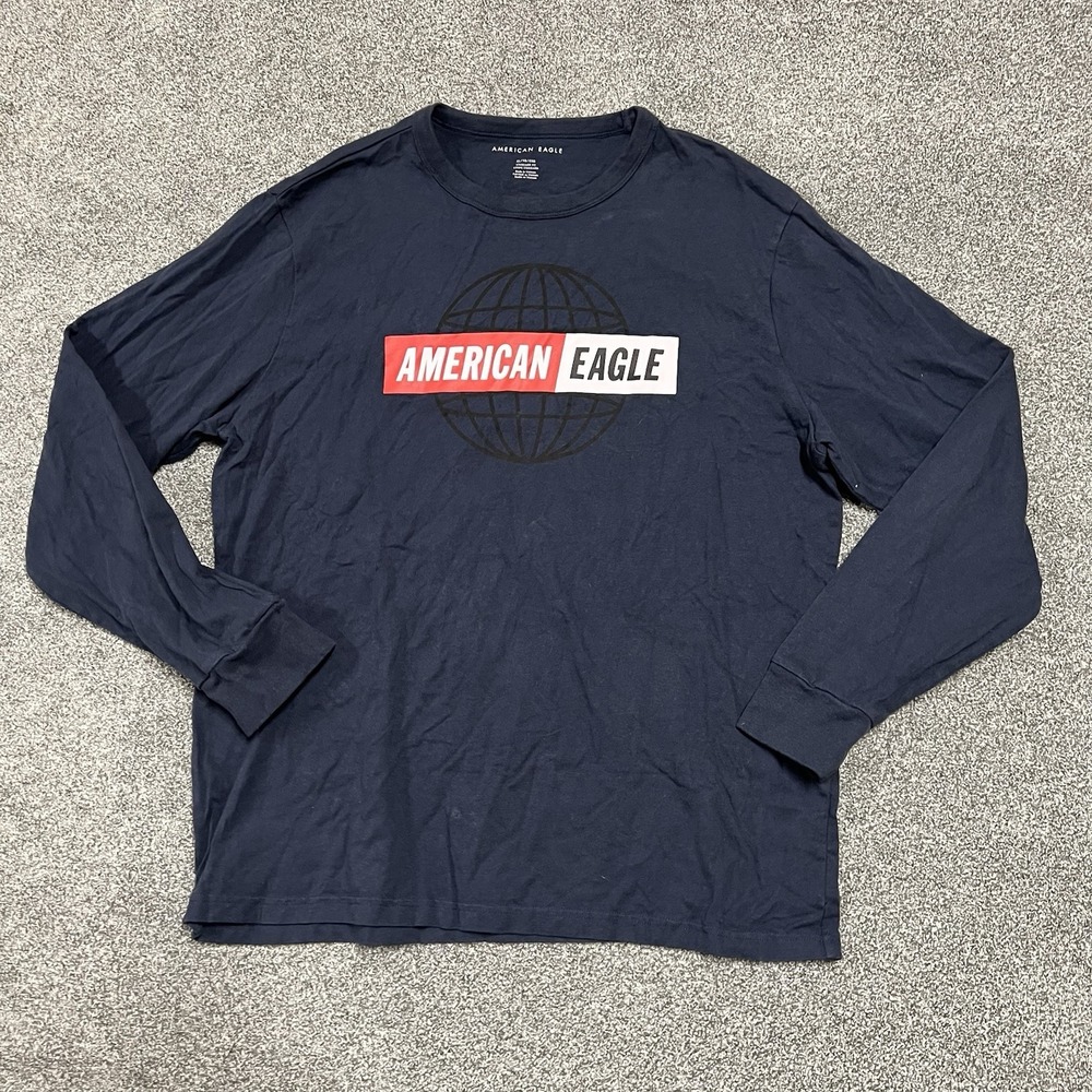 American Eagle Long Sleeve Shirt Men XL Navy Graphic Casual Tee Logo Top